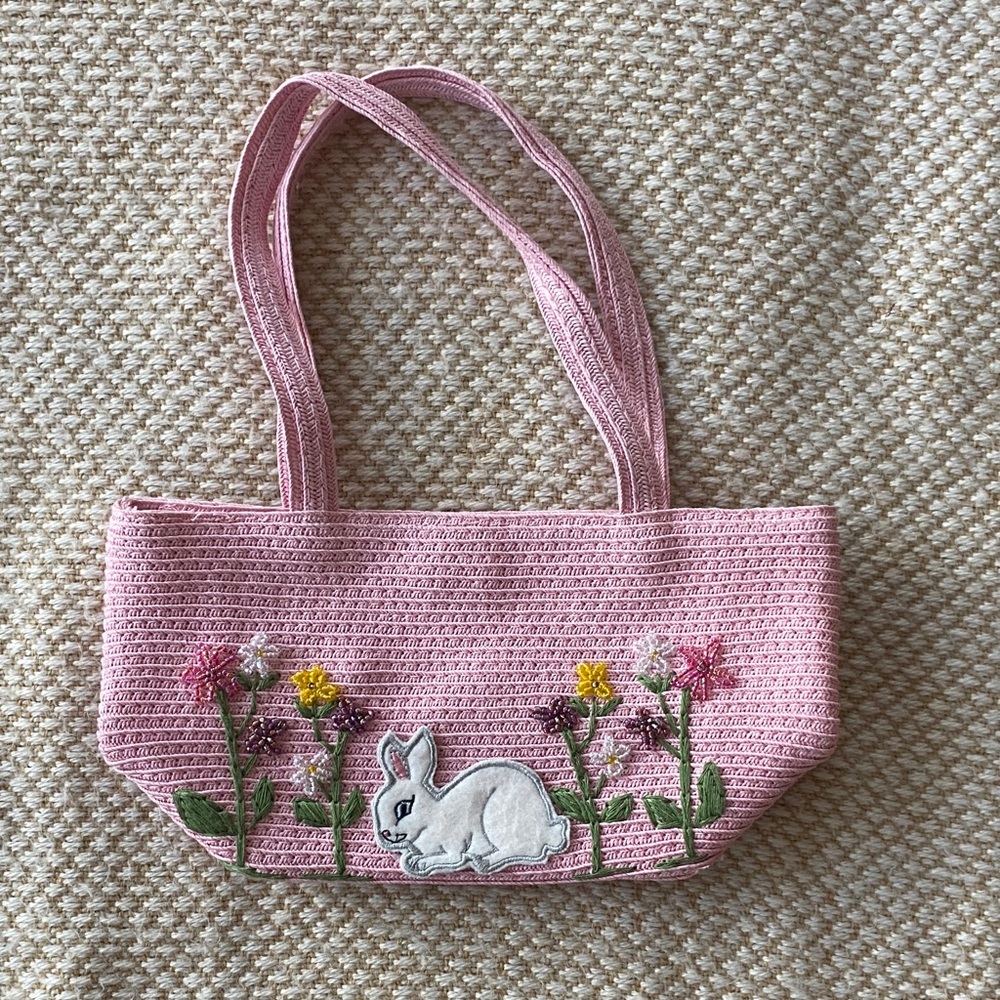 Girl Pink Tote Bag with Rabbit and Floral Embroidery
